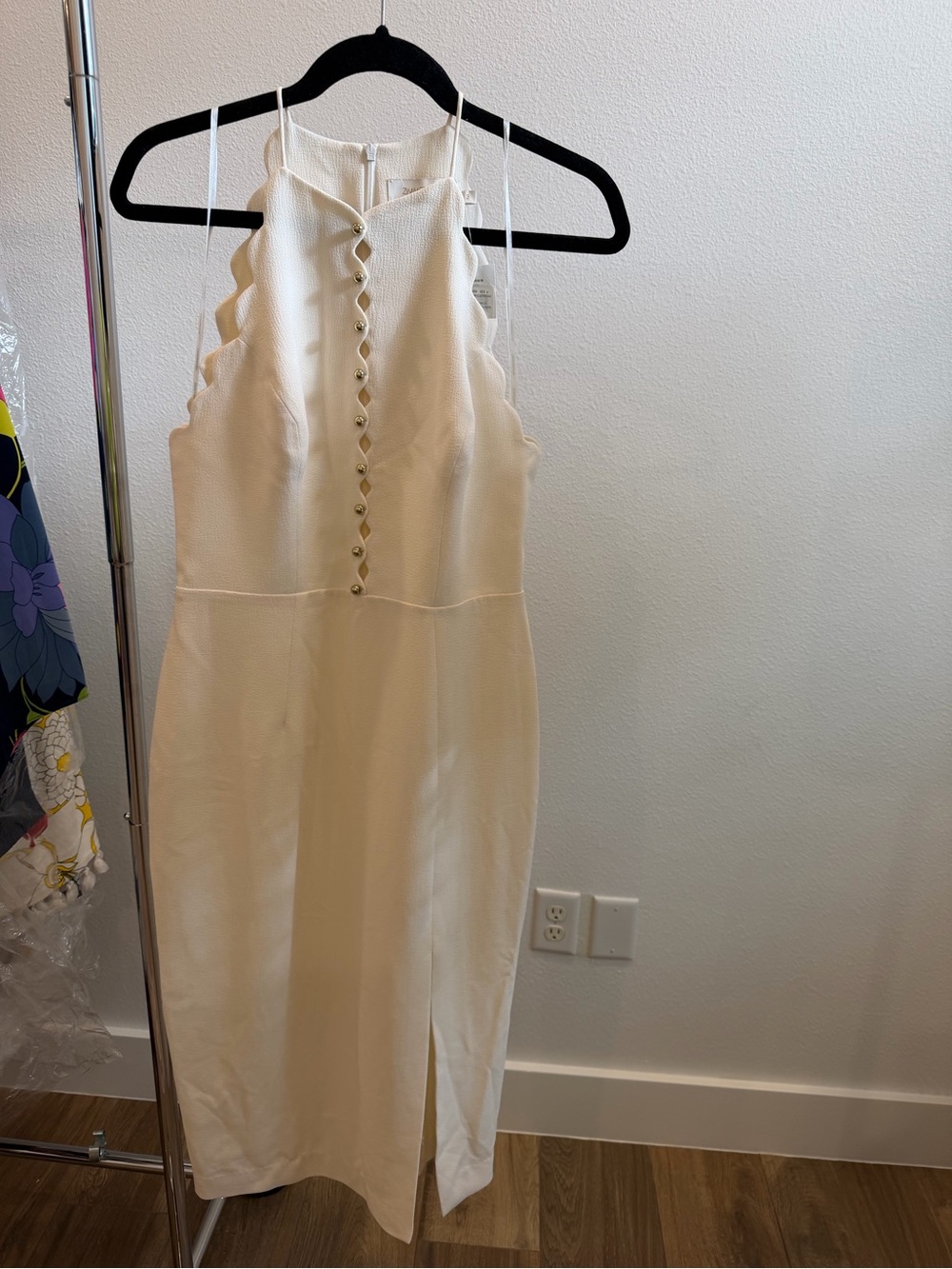 Zimmerman Cream Scalloped Pearl Halter Midi Dress with Front Button Detail